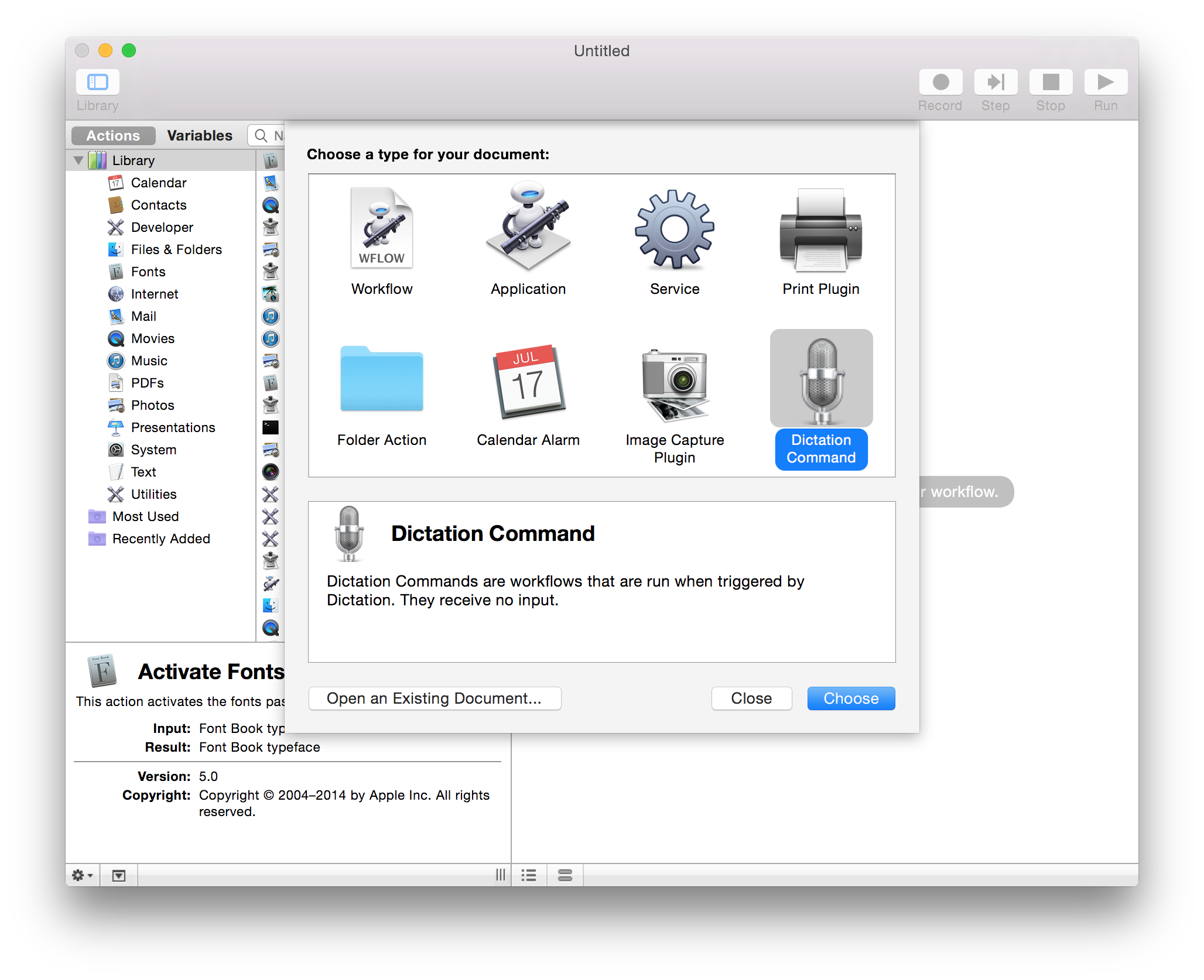 Automator Dictation Command