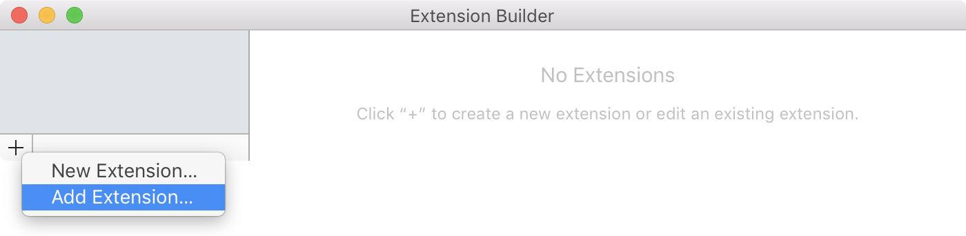 Extension Builder with Add Extension menu option from plus button